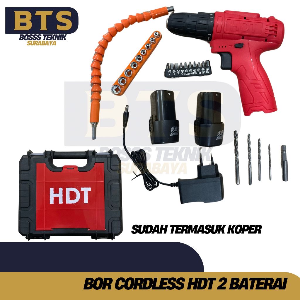 Bor baterai cordless HDT 12v Cordless Drill - Mesin Bor Baterai Heavy Duty desain presisi termasuk k