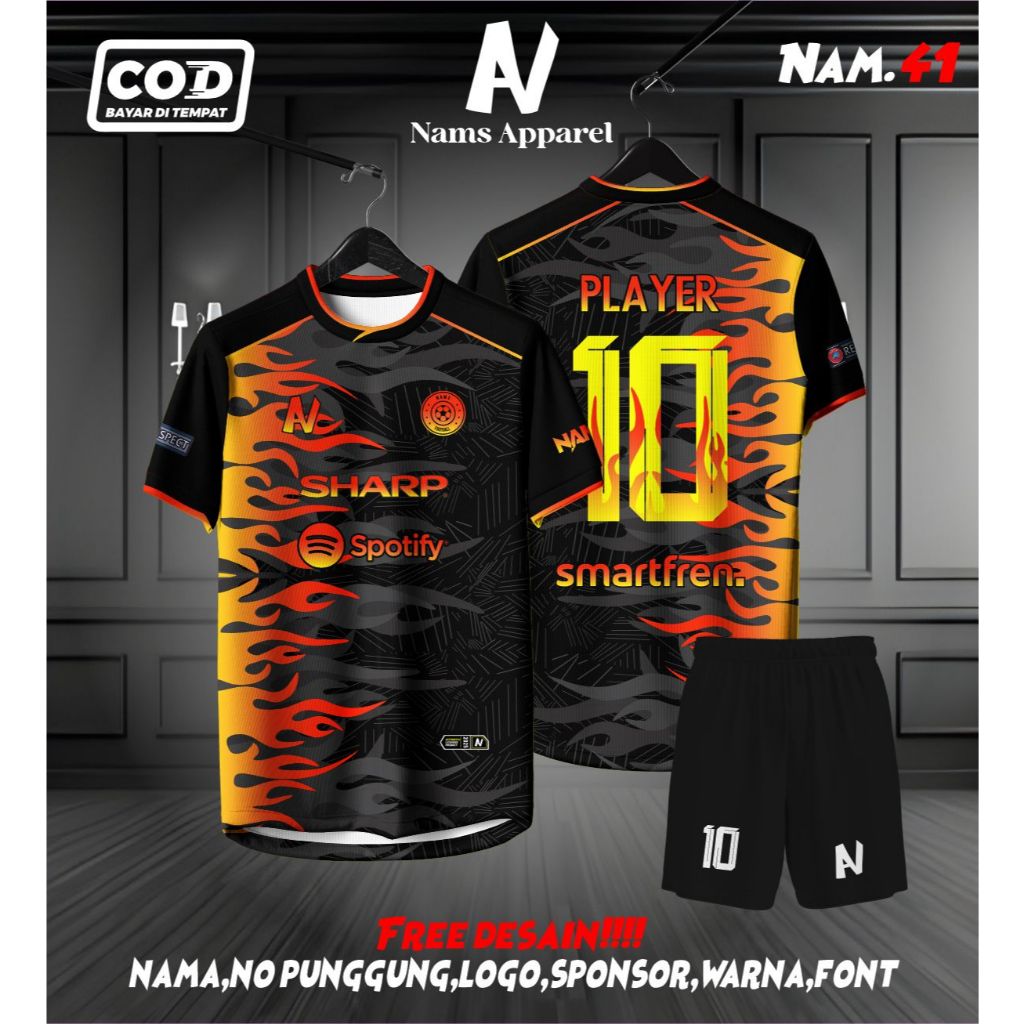 JERSEY FUTSAL / SEPAKBOLA FULL PRINTING API KEREN BEBAS CUSTOM DESIGN FREE NAMA DAN NOMOR PUNGGUNG F