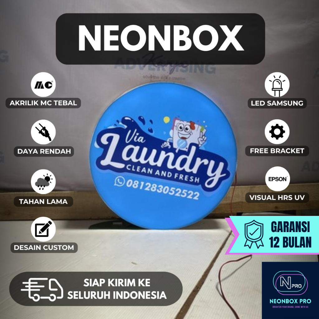 NEONBOX LAUNDRY CUSTOM PREMIUM Full Akrilik 1 / 2 Sisi Reklame Lampu Neon Box Laundry Bulat Atau Kot