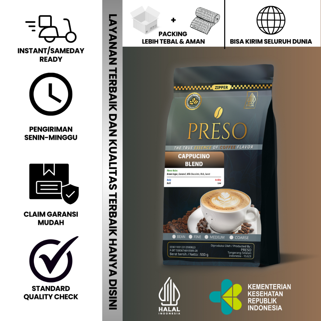 

PRESO Biji Kopi Bubuk Cappucino Blend House Blend 100% Robusta Coffee Beans Coffe Bean 500gr
