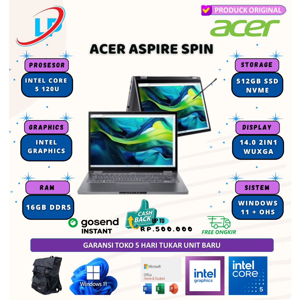 Acer aspire spin 14 ASP14 touch core 5 120U 16gb 512gb w11+ohs 14.0 wuxga