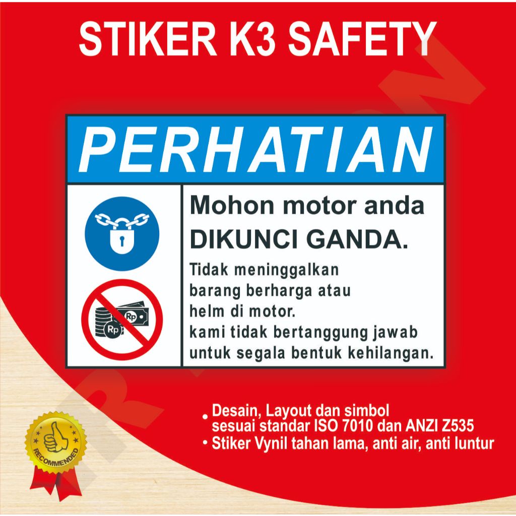 

STIKER MOHON MOTOR ANDA DIKUNCI GANDA SAFETY SIGN K3 ISO ANSI