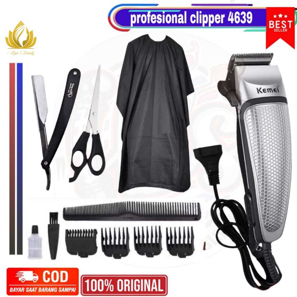 Satu Set Paketan Alat Cukur Pangkas Rambut Lengkap KEMEI Hair Trimmer Mesin Cukur Barbershop Cukuran