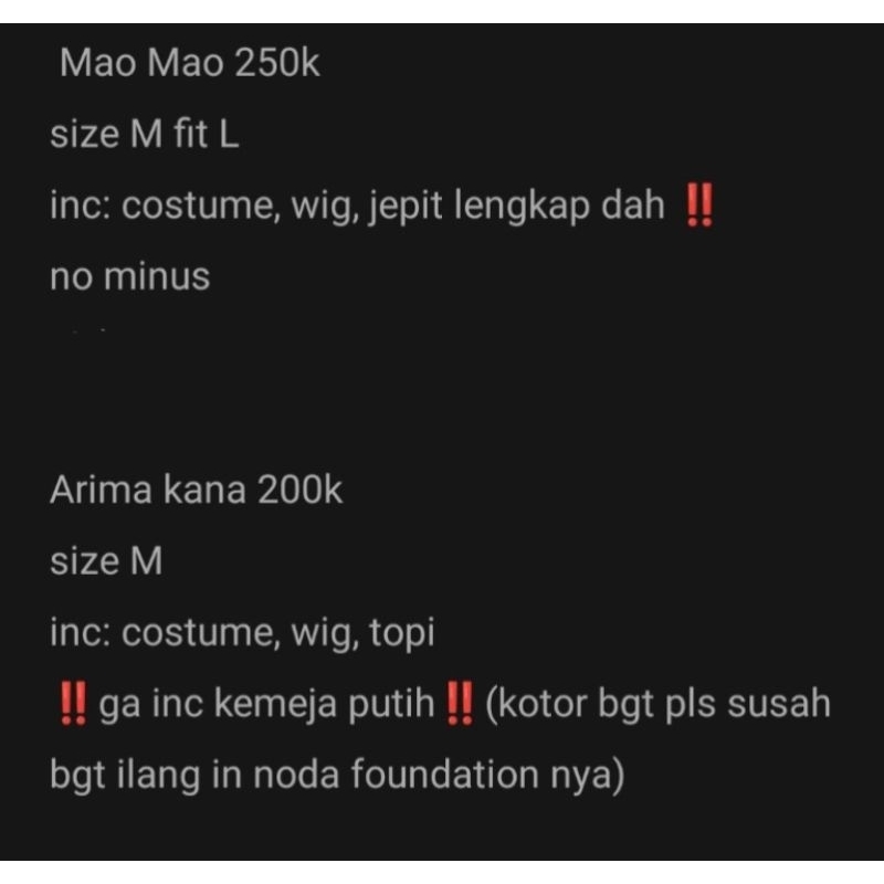 [ BACA DESKRIPSI] JUAL COSTUME ARIMA KANA & MAO MAO COSPLAY  JUAL COSTUME MURAH MURAH, ex rent no mi