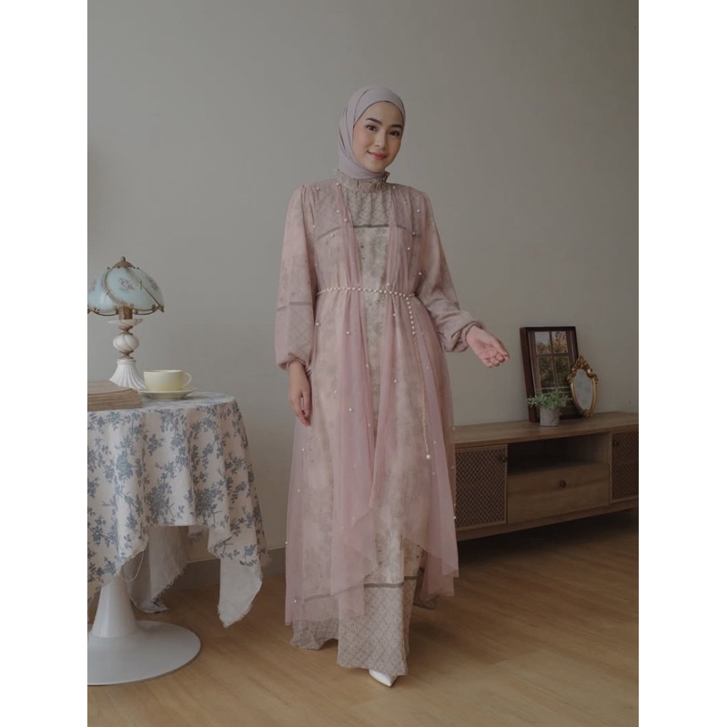 [Termurah] Jastip Oclo Jean Dress Ceruty Tulle Pearls Motif Premium Warna Nude - Baju Lebaran Gamis 
