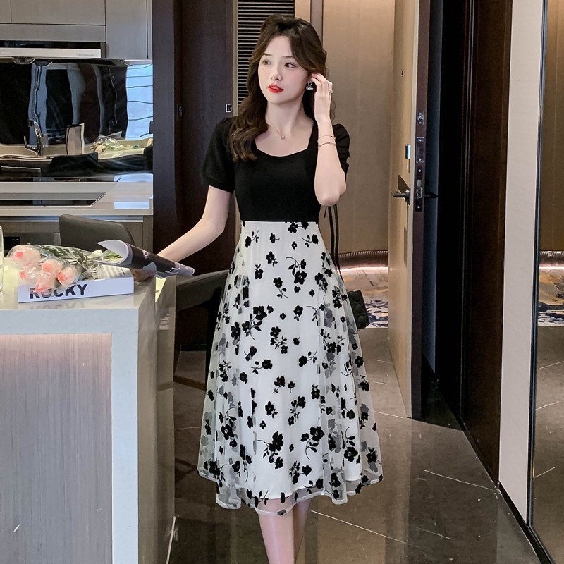 HOT DEALS MEIRONG DRESS HITAM BUNGA LENGAN PENDEK DRESS JUMBO NATAL WANITA KEKINIAN KOREA STYLE