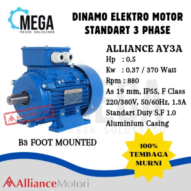 Alliance Dinamo 3 Phase 0.5 HP 0.37 KW 900rpm 100% LILITAN TEMBAGA -- Electro Motor Duduk AY3A 6 Pol