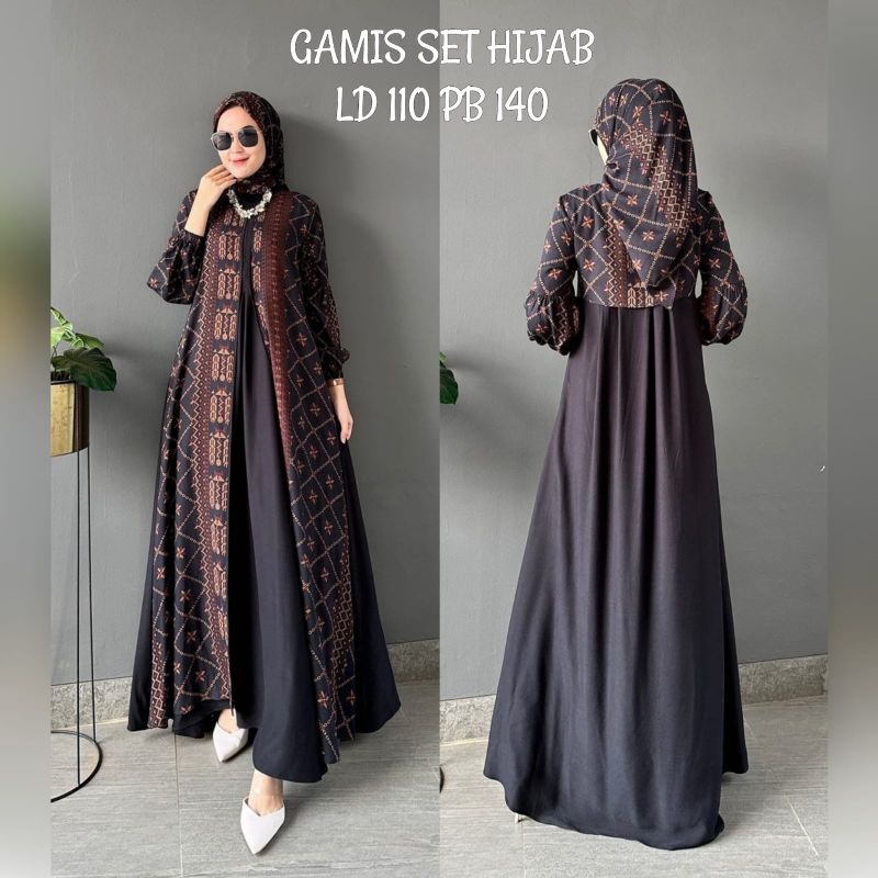 GAMIS SET HIJAB ETNIK RAYON PREMIUM BLACK SERIES // ABAYA MECCA //  ONE SET LEBARAN