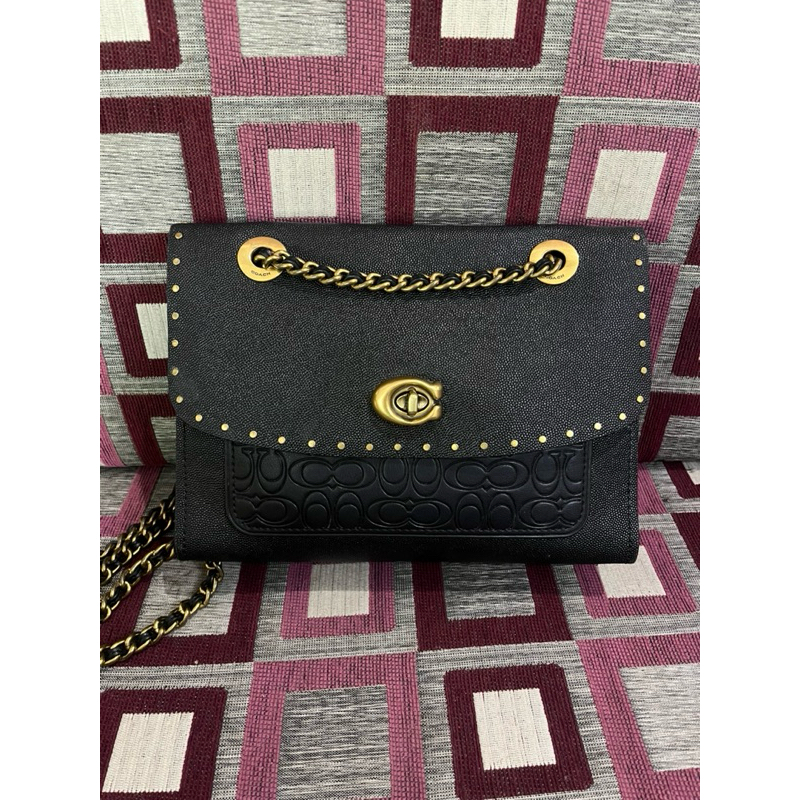 Preloved Tas Coach Signature Embossed Leather Parker Shoulder Black