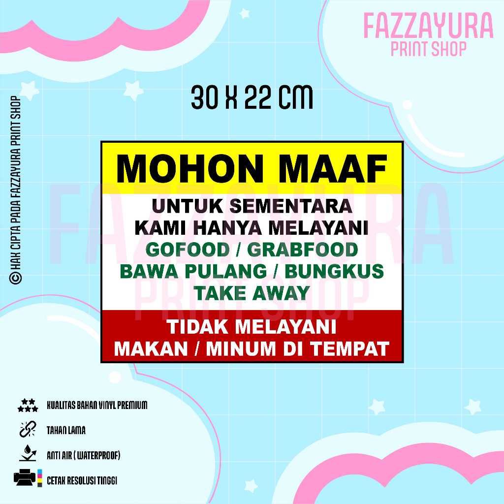 

TICKER KAMI HANYA MELAYANIO GOFOOD GRABFOOD BAWA PULANG ATAU BUNGKUS 30 X 22 CM