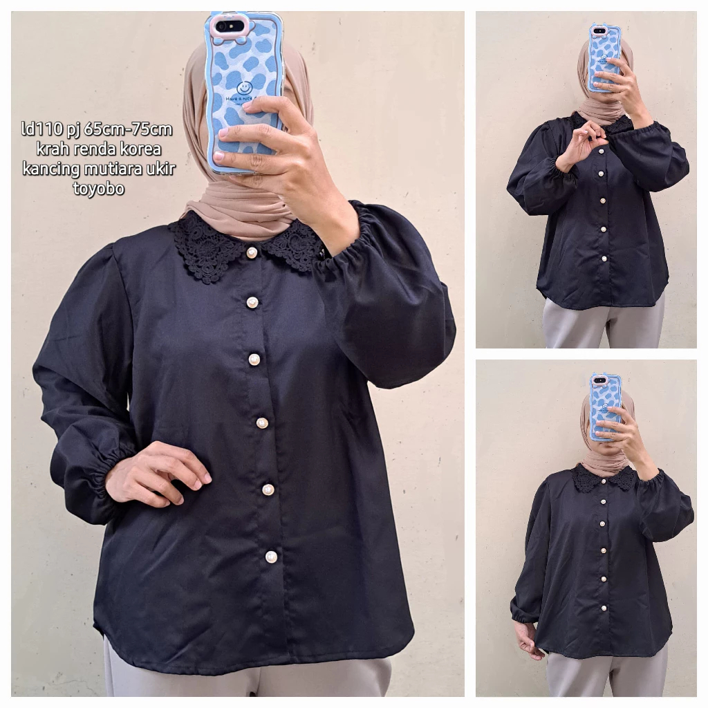 Blouse Wanita Lengan Panjang Kerah Renda Toyobo Kemeja Korea Style