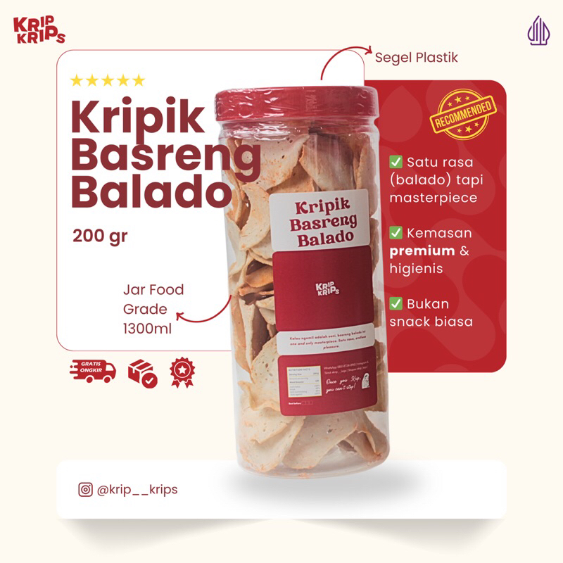 

Keripik Basreng/ Basreng Balado Premium 200 Gram Kemasan Toples - Krip Krips
