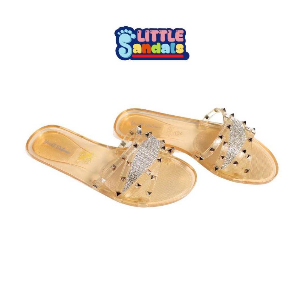 Sandal Selop Kaca Jelly Sendal Flat Teplek Wanita Anti Slip Model Piramid Strap Gold Import W-608-3