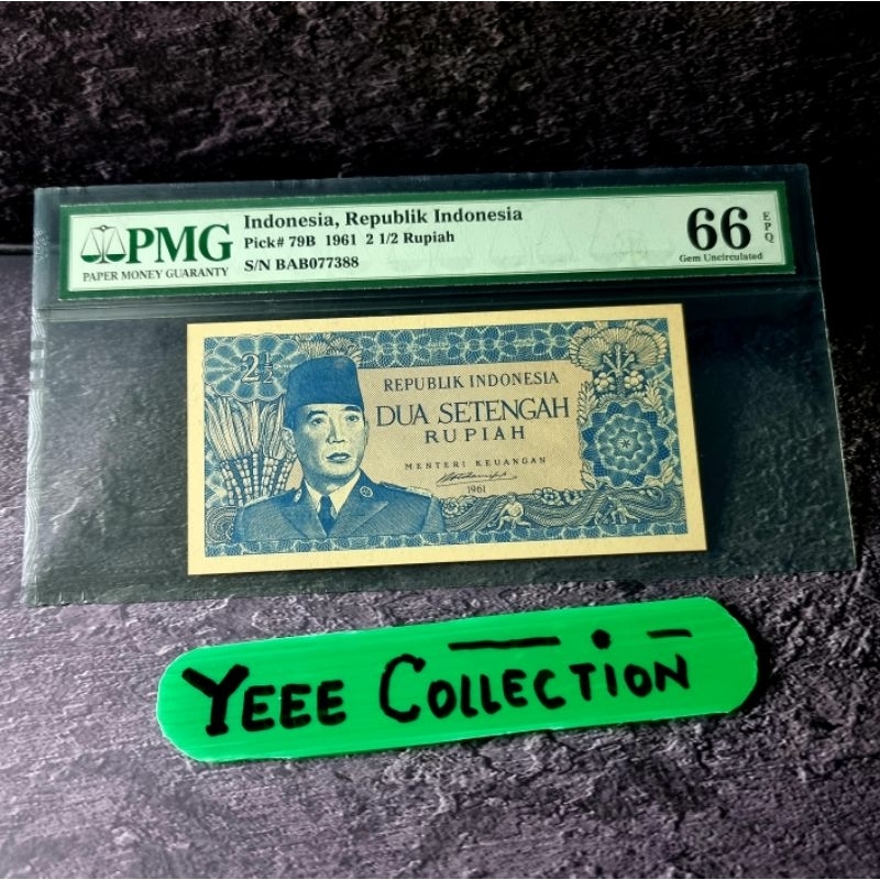 Uang Kertas Kuno Sukarno 2,5 2.5 Rupiah Borneo PMG 66 EPQ 1961 - BAB 077388