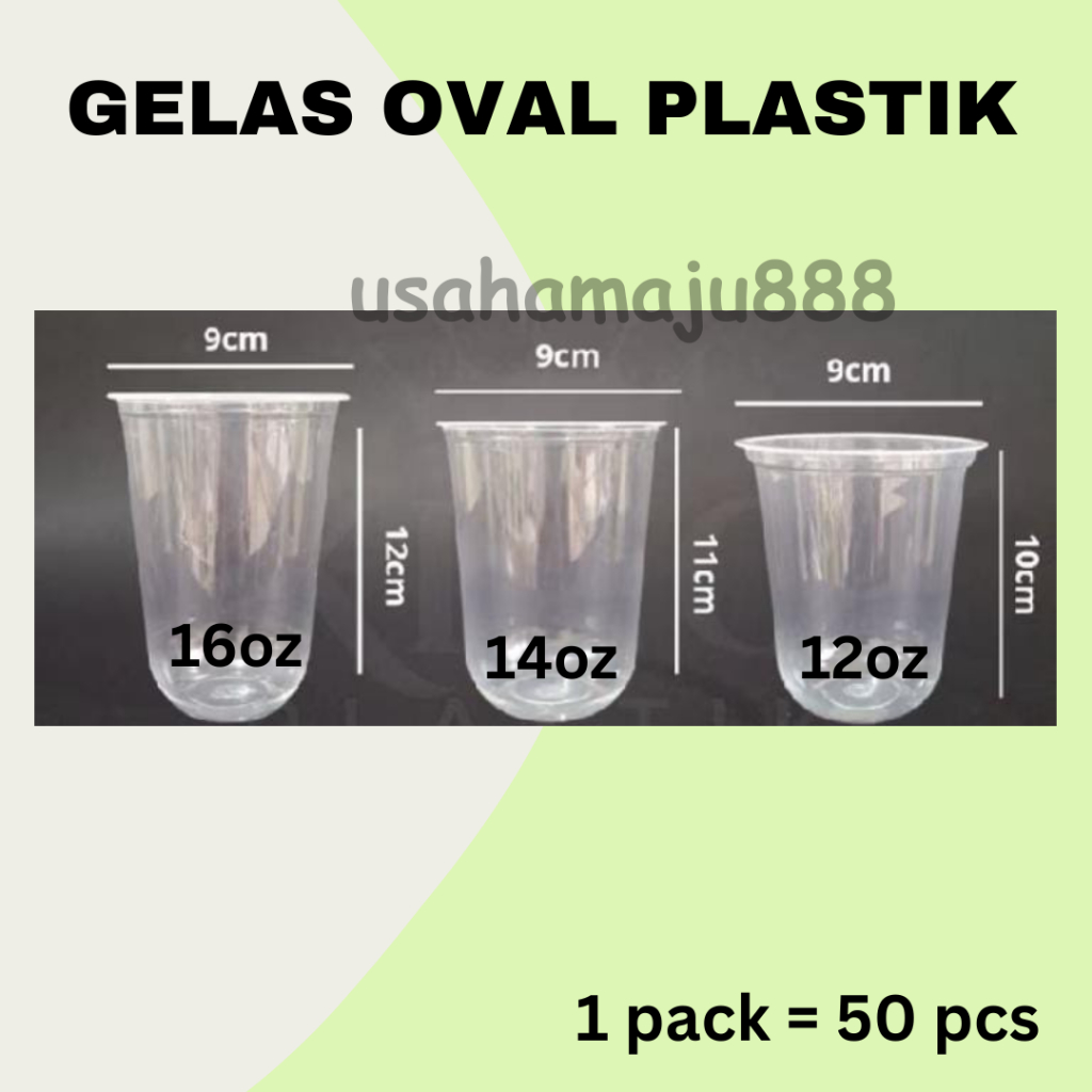 (50pcs) Gelas Oval Plastik 12oz 14oz 16oz / U Cup Bening 14 oz 16 oz