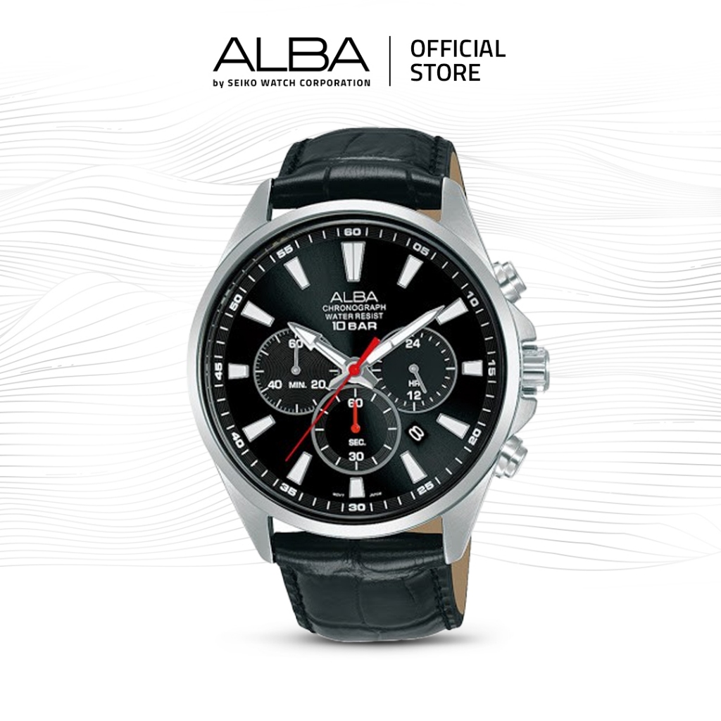 Alba Active Jam Tangan Pria Chronograph AT3G59 / AT3G59X1 Quartz Black Dial Genuine Leather Strap Wa