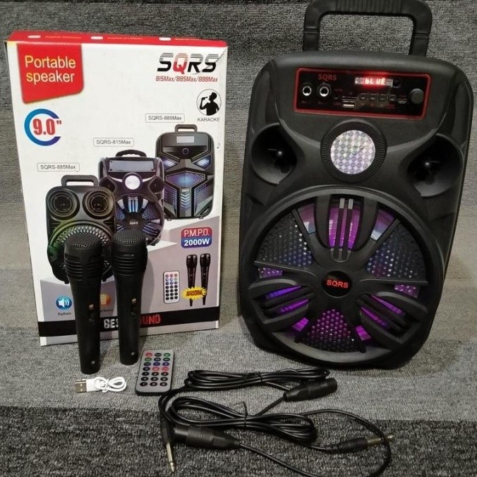 SQRS-888 NEW SPEAKER BLUETOOTH 9 INCH BASS SOUND PLUS 2 MIC KARAOKE SQ