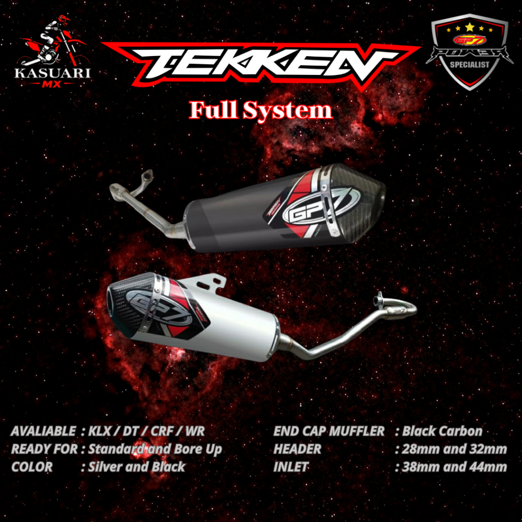 GP7 Tekken Carbon Black/Silver CRF/KLX/DT/WR Standard/Bore Up Full System Knalpot GP7 Tekken Carbon
