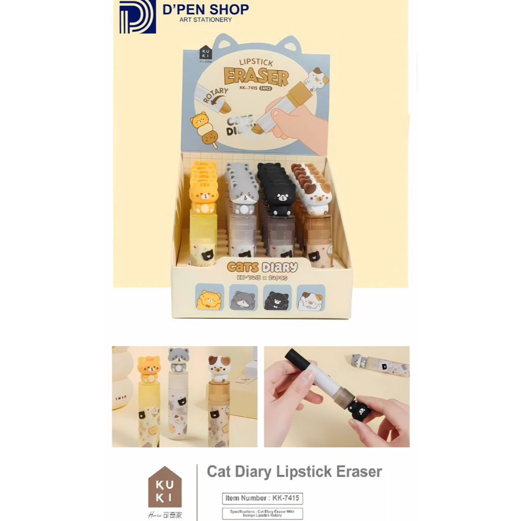 

Penghapus Lipstik Lucu, Alat Tulis Sekolah & Kantor dengan Desain Cat Diary Lipstick Eraser Kucing Unik
