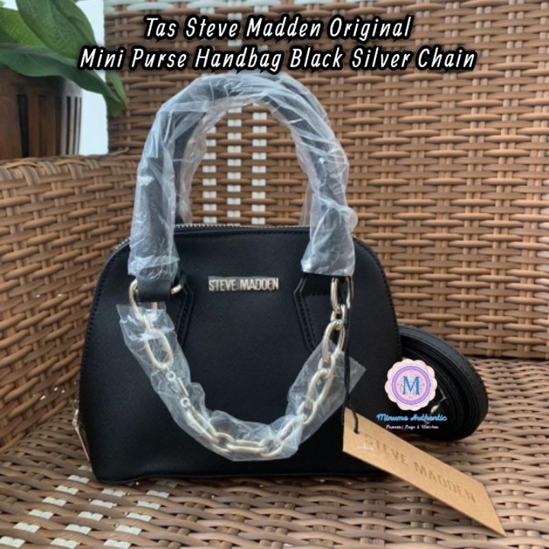 Tas Steve Madden Original Mini Handbag Purse Silver Chain Black Leather