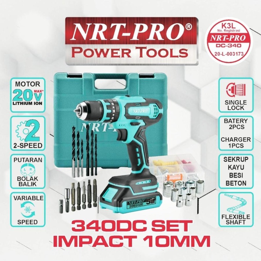 NRT-PRO Mesin Bor Cordless 10 Mm Set / Mesin Cordless Drill NRT-PRO340DC