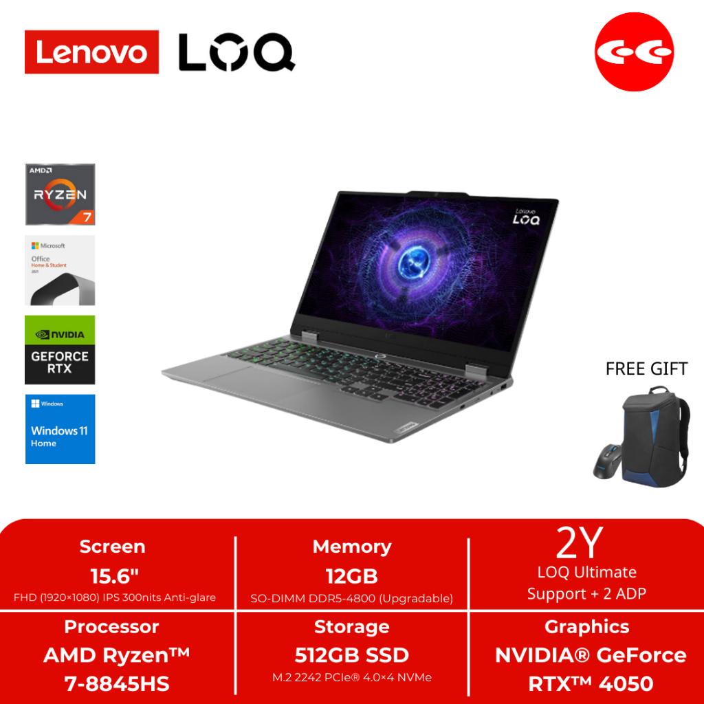 LENOVO LOQ GAMING AMD RYZEN 7-8845HS RAM 8GB SSD 512GB WIN 11 OHS RTX 4050