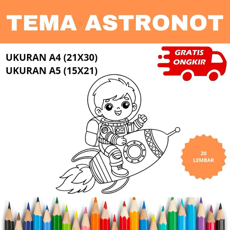 

Lembar Kertas Mewarnai Anak - Tema Astronot