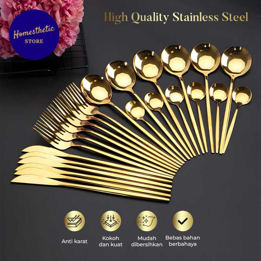 Set Alat Makan Sendok Garpu Cutlery Western Style Korea Mewah Cutlery Pum Set 24 PCS Warna Gold Hh