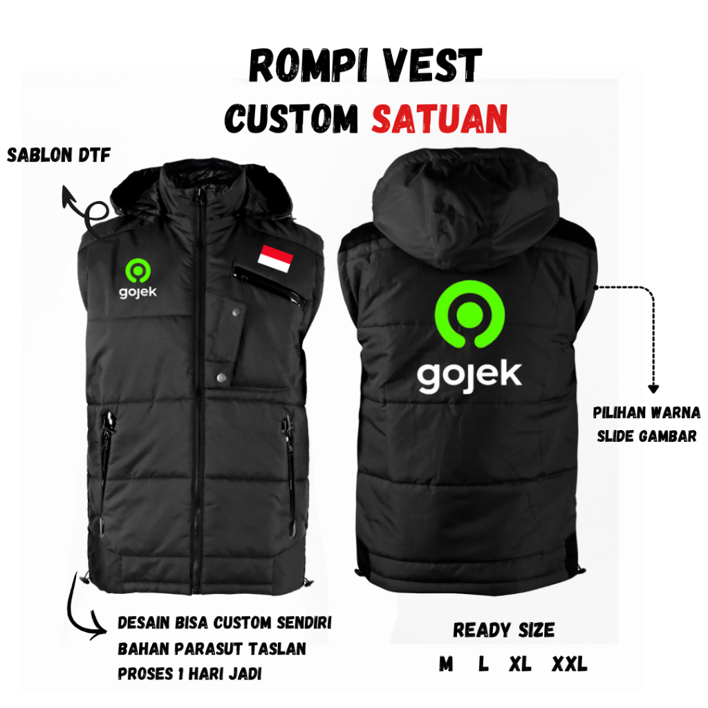 Rompi Vest Gojek Grab Custom Rompi Maxim Desain Bebas Suka Suka Parasut Tebal