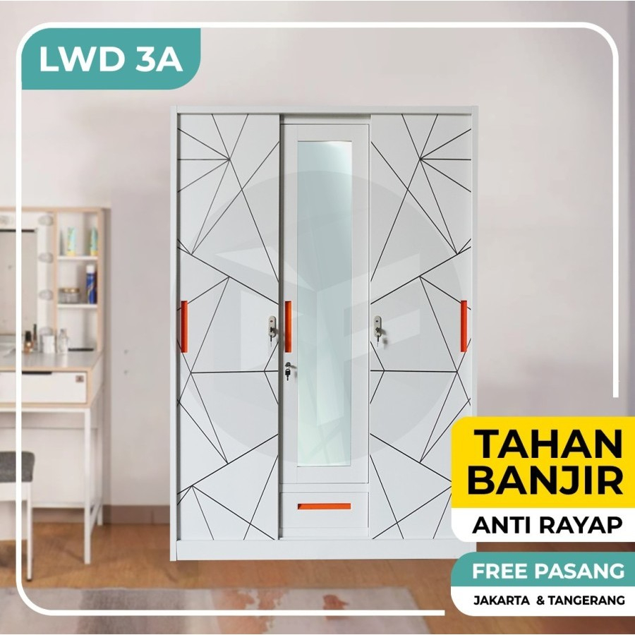 Lemari Pakaian Besi 3 Pintu Lemari Sliding Lemari Besi Lemari Kaca Lemari Baju Metal LWD