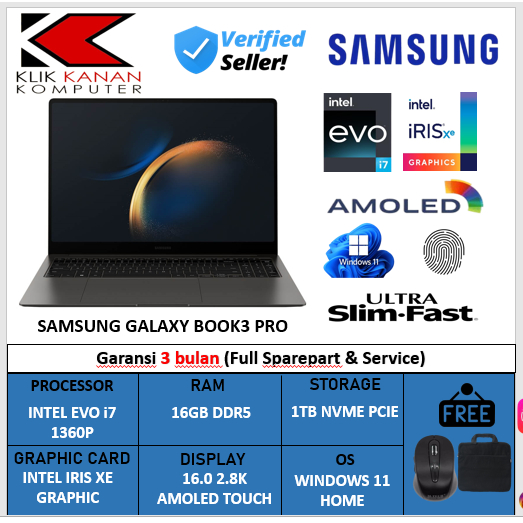 Laptop Samsung Galaxy Book3 Pro intel core i7 1360P 16gb ddr5 Ssd 1tb 16.0 2.8k Amoled windows 11