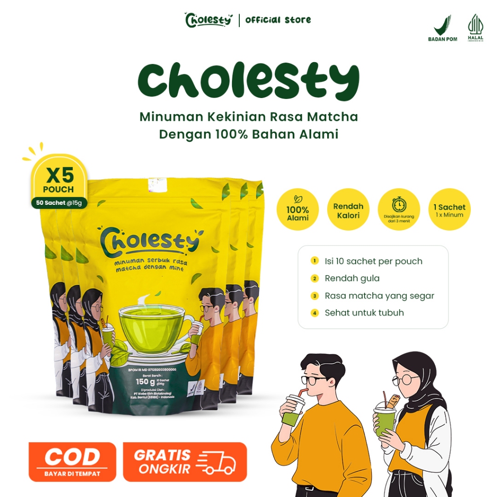 

[5 Pouch] Cholesty - Minuman Serbuk Kekinian Rasa Matcha Dengan 100% Bahan Alami (Isi 1 Pouch 10 sachet)