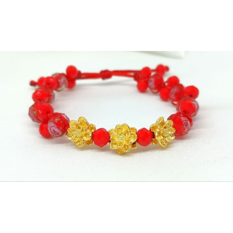 Gelang Emas Asli 3 Teratai 24K Hongkong 999% Tali Batu Mustika