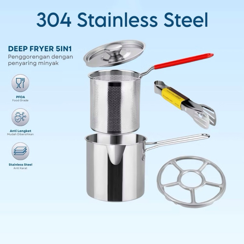 5 in 1 Panci Multi Deep Fryer Set 304 Stainless Steel Panci Penggorengan Rebus 304 Stainless Steel