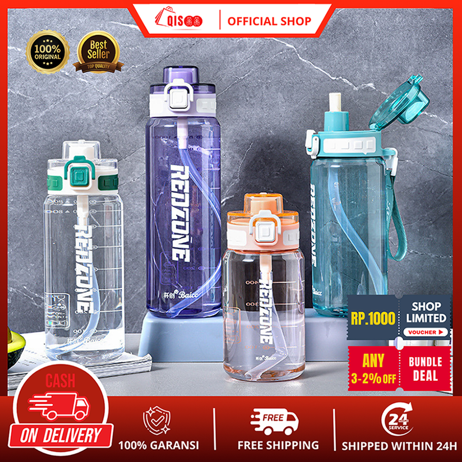 QISOO Botol Minum 1 Liter Dengan Sedotan |  Botol Minum 1 Liter | Botol Minum Plastik