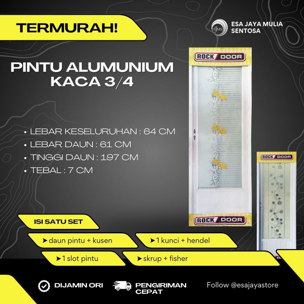 Pintu Toilet Alumunium / Pintu Kamar Mandi Kaca 3/4 Merk Rock Door Pintu Kamar Mandi Alumunium Kaca 