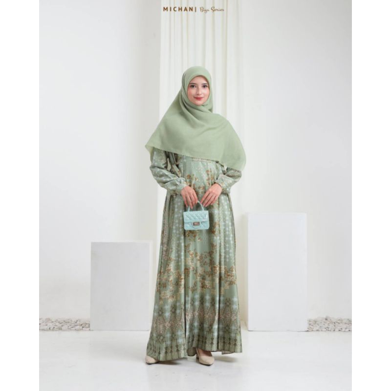New Biya Dress - Sage Green by Michan - Gamis Sarimbit Dewasa Keluarga Motif Warna Hijau Set Hijab J