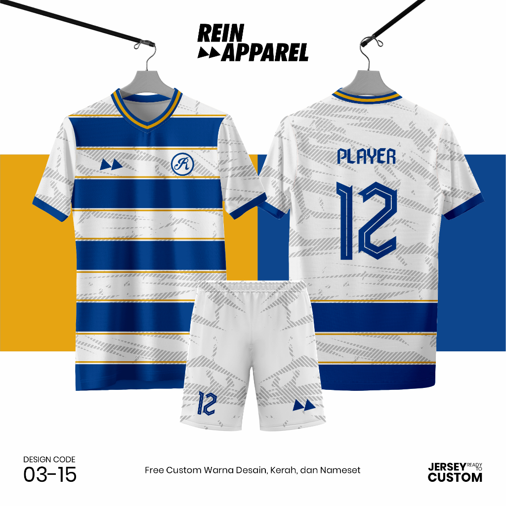 Jersey Bola Futsal Full Printing Kostum Nama/Nomor/Logo - 0315 Putih Biru Emas