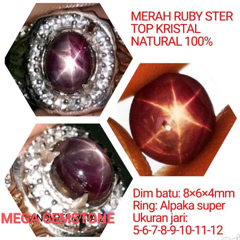 CINCIN BATU PERMATA MERAH RUBY STER CRYSTAL NATURAL