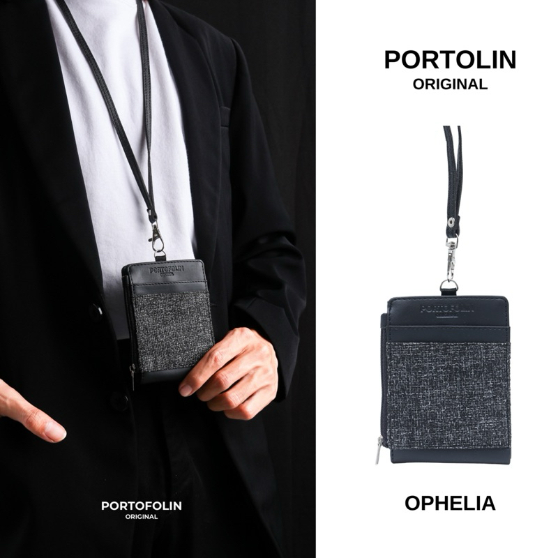 

Portofolin-Ophelia lanyard tali Id card kulit hitam Adjustable Name tag dengan kait / banyak slot kartu - tempat uang