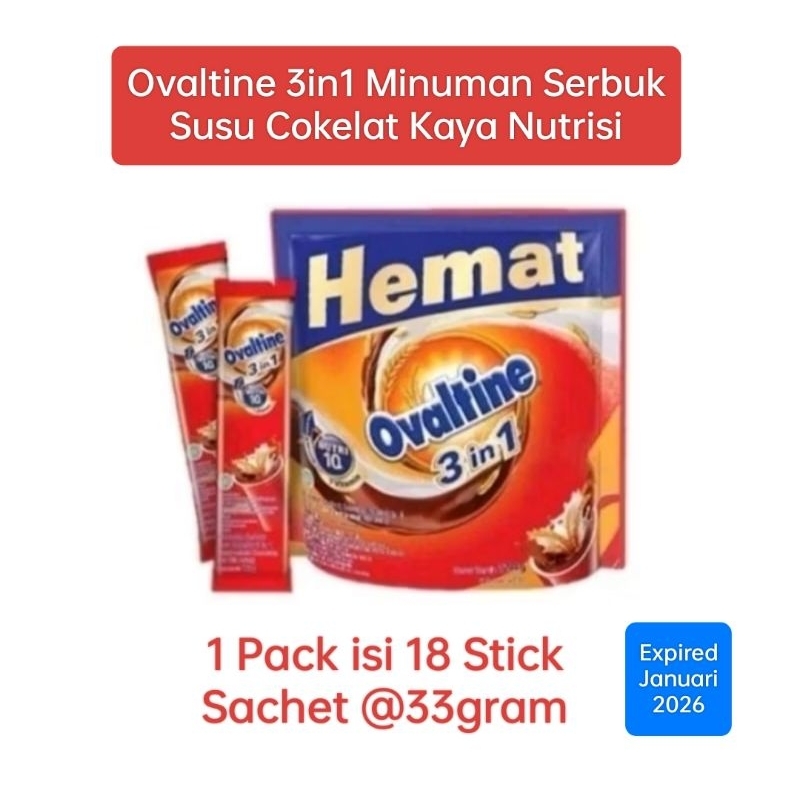 

Ovaltine 3 in 1 Minuman Serbuk Susu Cokelat Ready Mix 1 Pack 18 Sachet @33gram