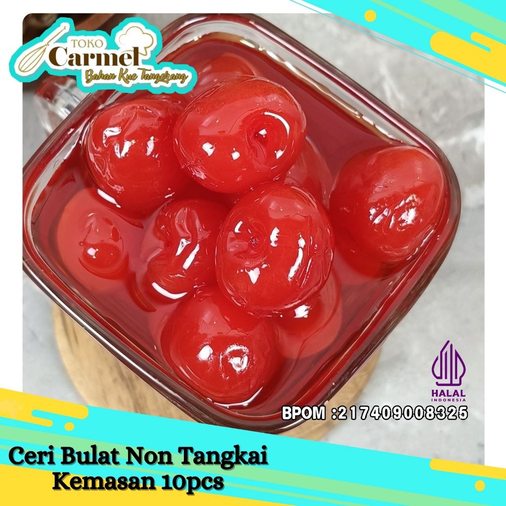 Ceri Merah Tangkai 10pcs - Maraschino Cherry Merah Hiasan Kue