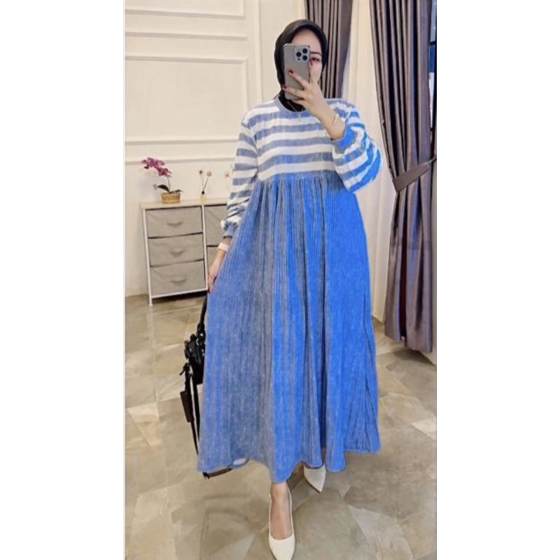 gamis plisket wanita kaos knit rajut import salur denim cantik