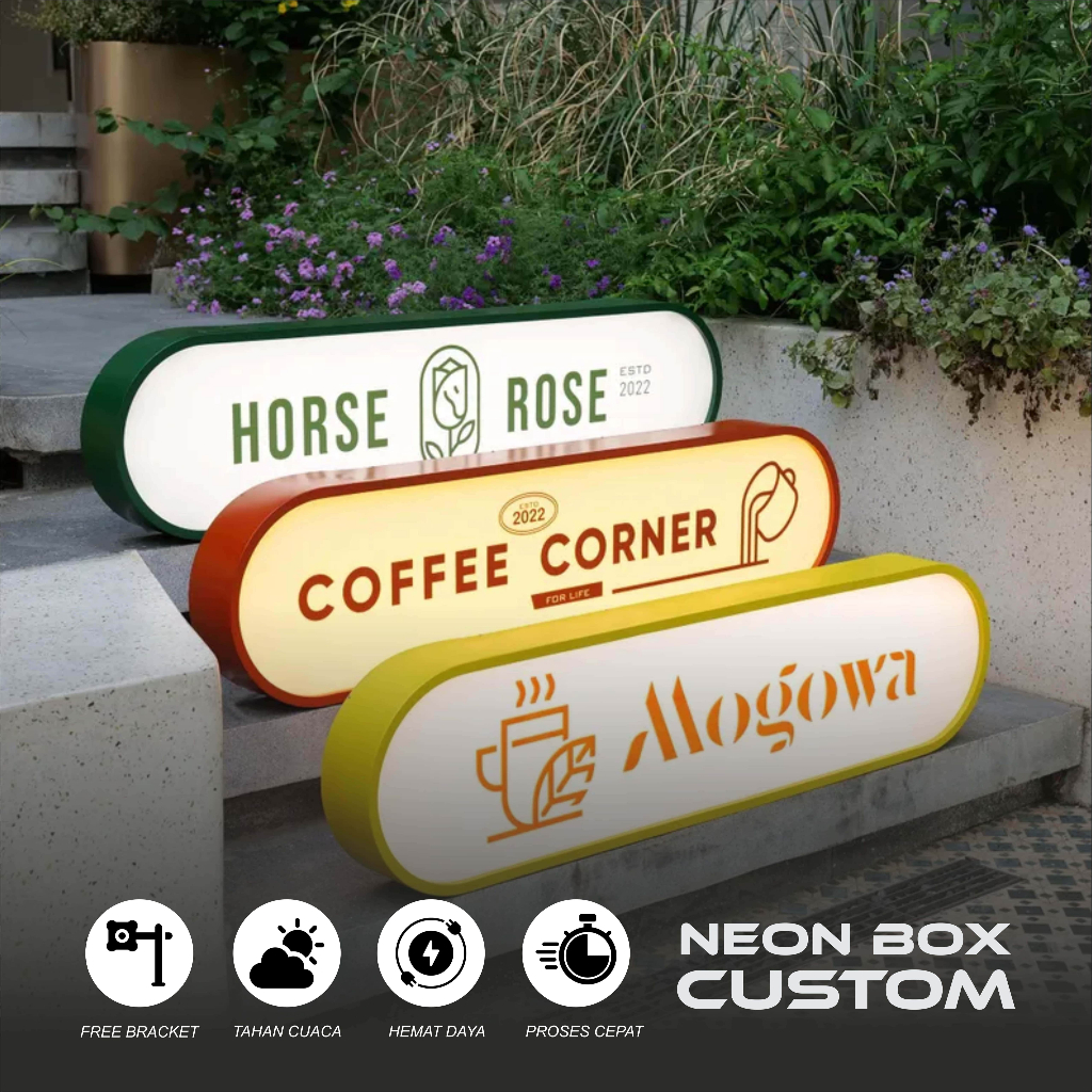 NEON BOX CUSTOM OUTDOOR BULAT/KOTAK/OVAL AKRILIK 2 SISI SIAP PASANG