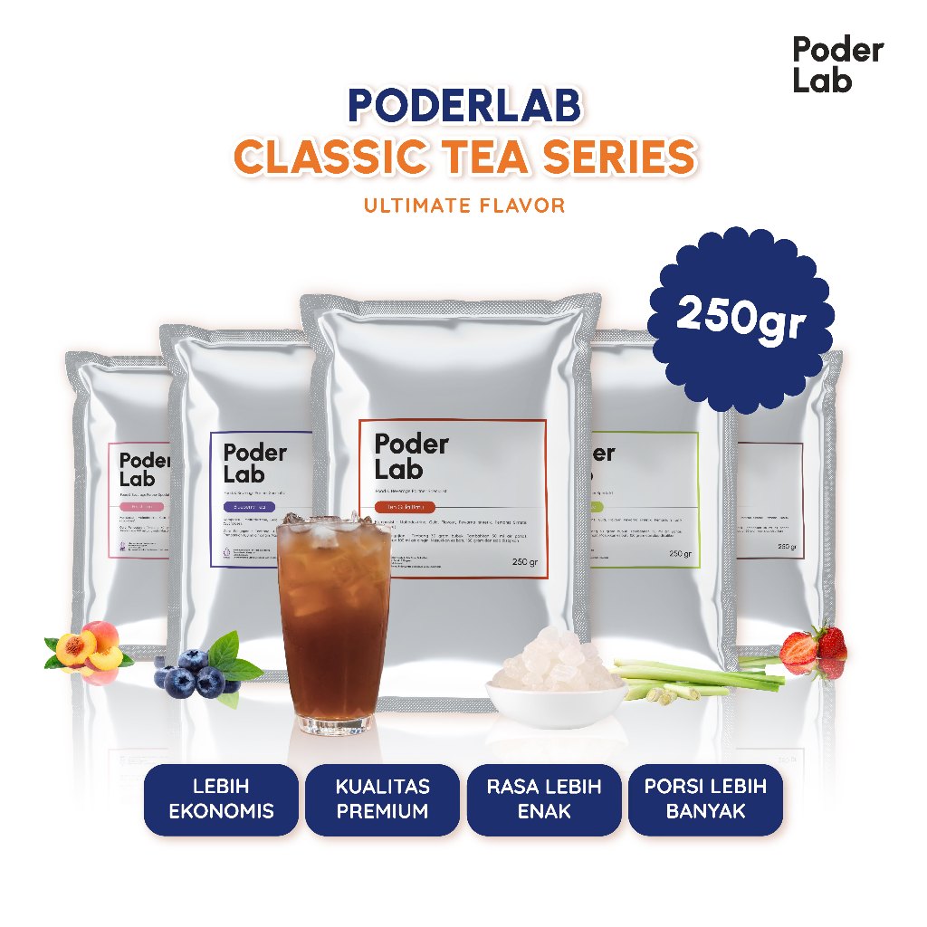 

PODERLAB - Teh Gula Batu Powder / Bubuk Minuman Rasa Es Teh Gula Batu Strawberry Lemongrass Peach Blueberry 250 gram