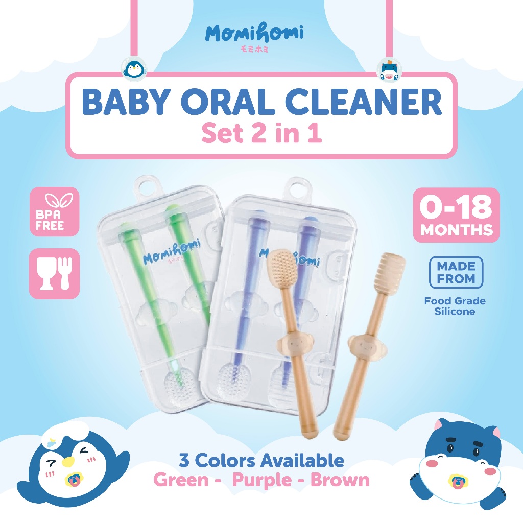 MOMI HOMI Baby Oral Care Pembersih Mulut Bayi Silikon Teether Set Sikat Lidah Bayi & Sikat Gigi Bayi