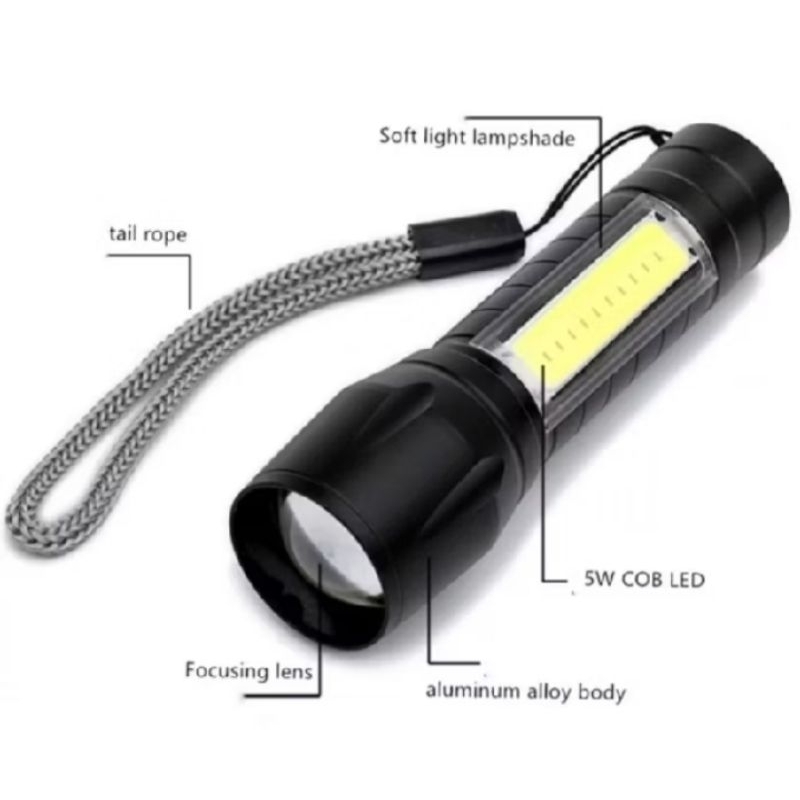 LAMPU LED SENTER MINI charging/Senter Mini Zoom XPE+Led Samping COB Nyala