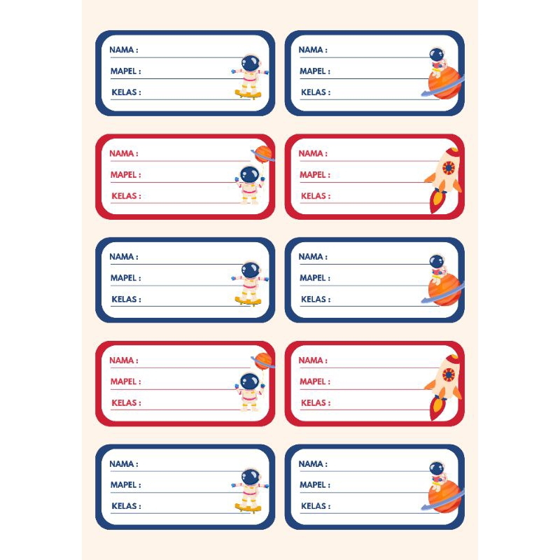 

label buku matpel/sticker / label buku anak astronot/doff/harga per lembar isi 10