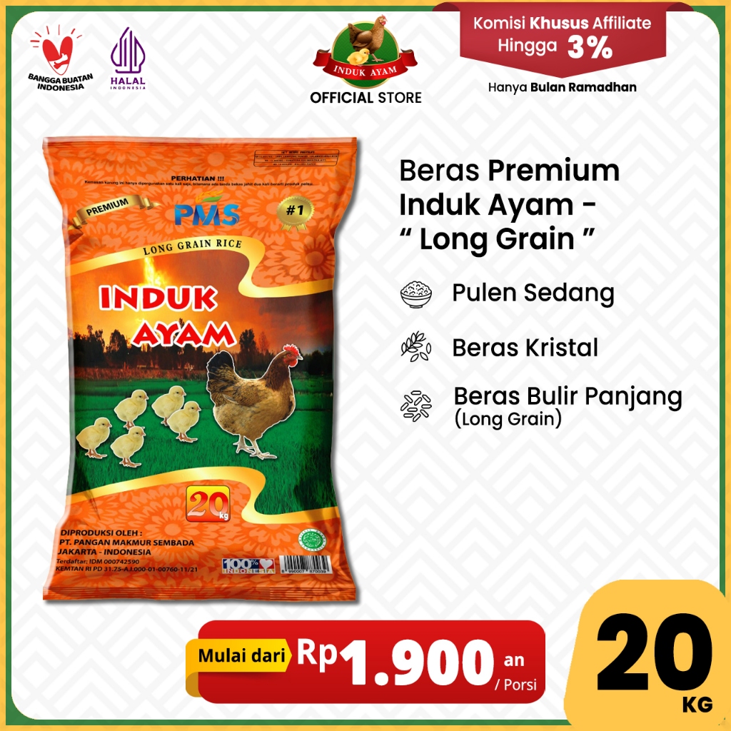

[20Kg LEBIH HEMAT] Beras PREMIUM INDUK AYAM - LONG GRAIN 20 kg - Beras Premium - Nasi Pulen - Beras Kristal - Produk Indonesia