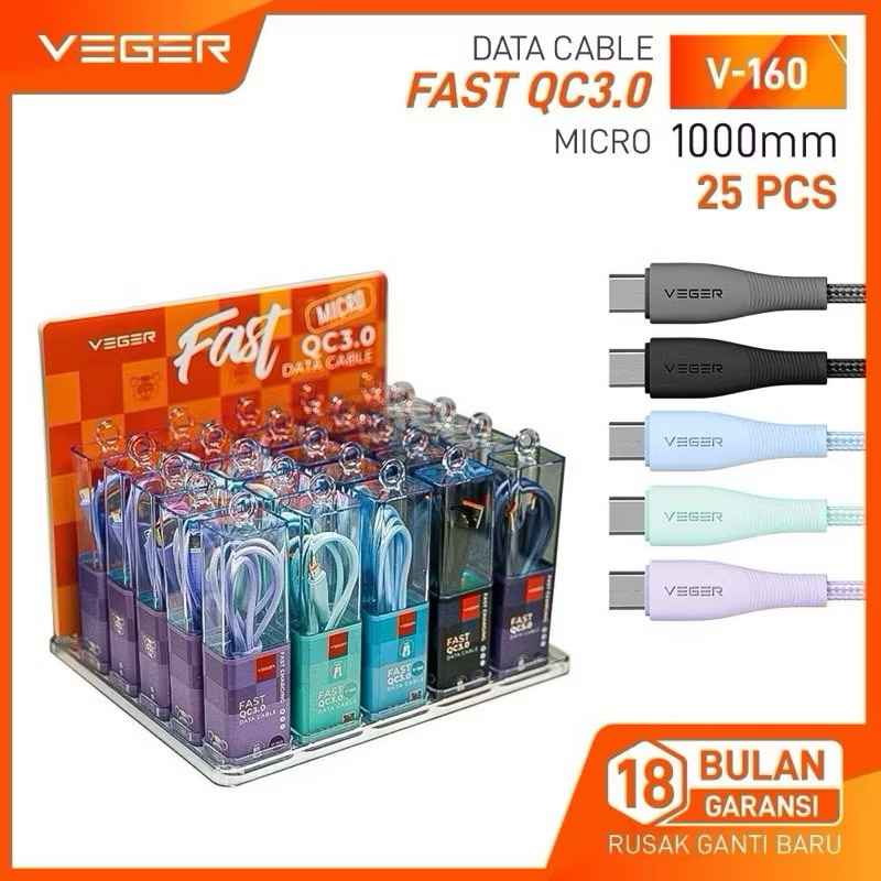 Kabel Data Veger V-160 MICRO USB / V-170 TYPE C / V-180 LIGHTNING USB fast charger QC 3.0A 100cm (1 